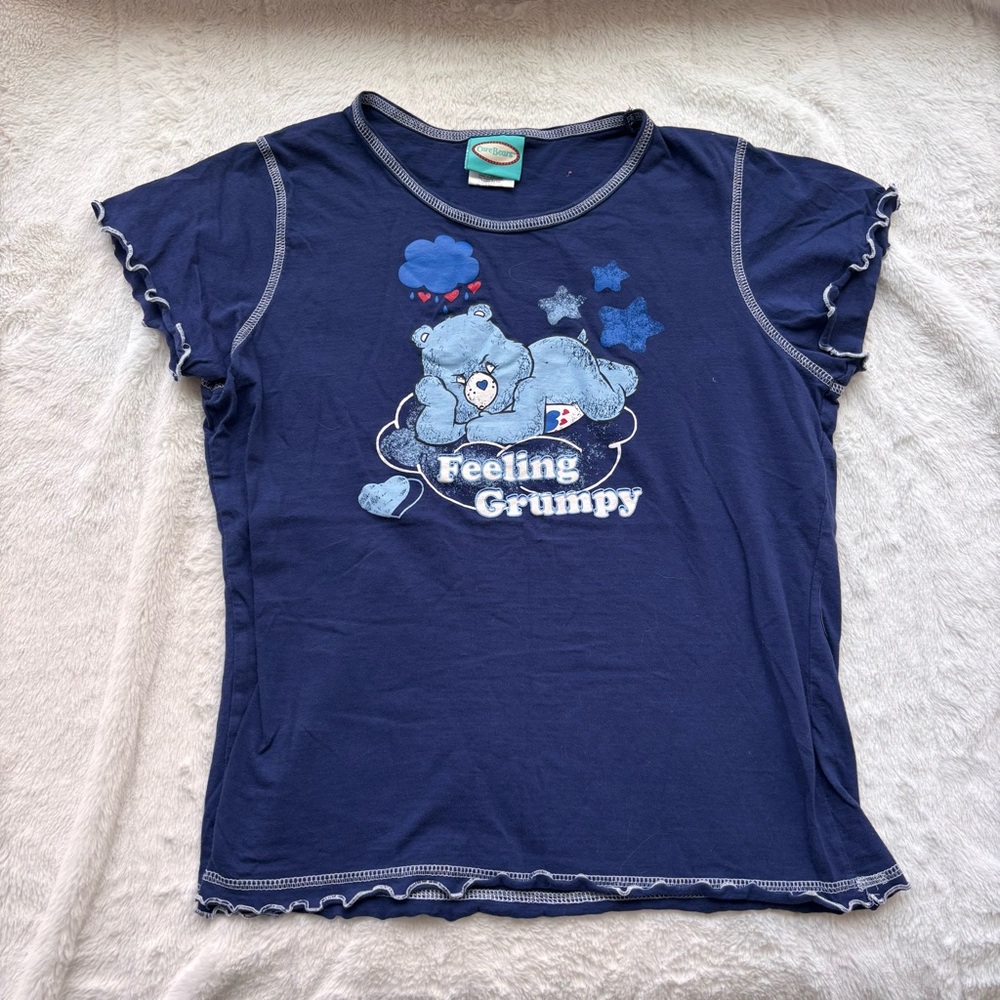 2006 Care Bears Grumpy Bear Y2K Baby Tee Navy Blue Lettuce Hem Shirt Large